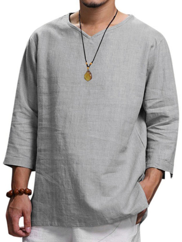 Men’s Long Sleeve V Neck Cotton Linen Loose Shirt - Grey / M