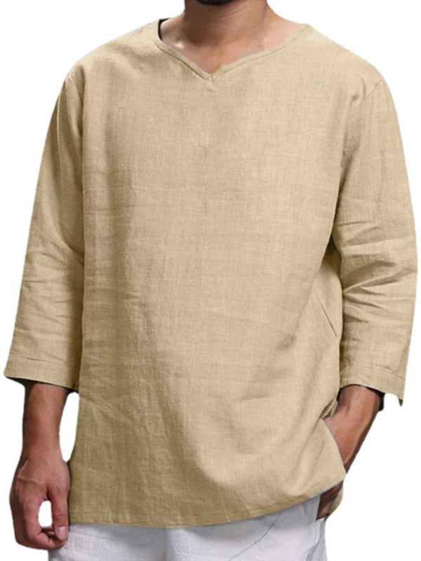 Men’s Long Sleeve V Neck Cotton Linen Loose Shirt - Khaki / M