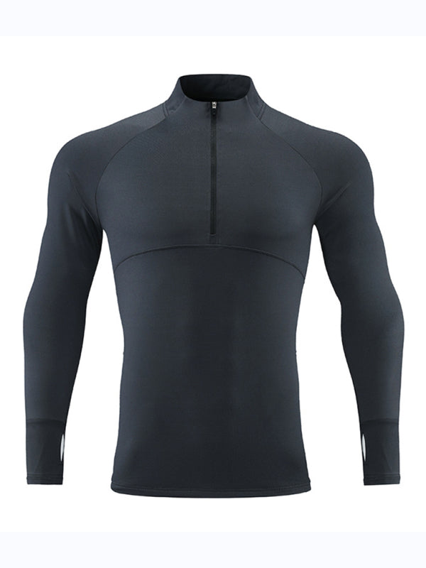 Men’s long-sleeved quick-drying stand-up collar sports fitness top - Grey / S
