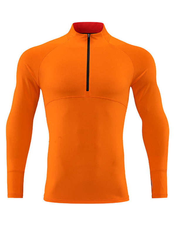 Men’s long-sleeved quick-drying stand-up collar sports fitness top - Orange / S