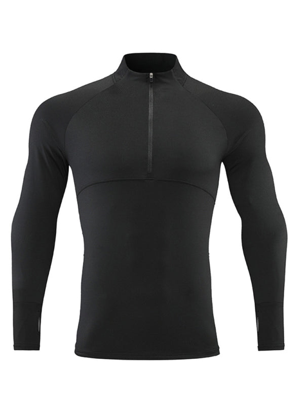 Men’s long-sleeved quick-drying stand-up collar sports fitness top - Black / S