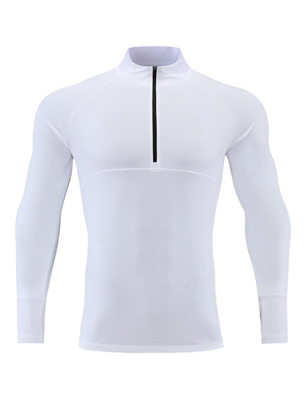 Men’s long-sleeved quick-drying stand-up collar sports fitness top - White / S
