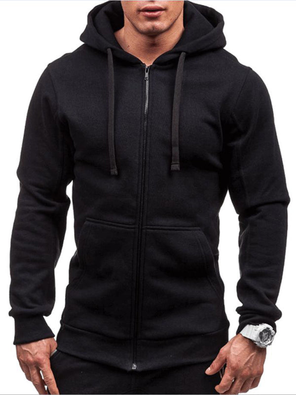 Men’s long-sleeved sports hooded top zipper cardigan sweatshirt - Black / M