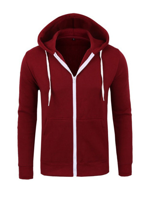 Men’s long-sleeved sports hooded top zipper cardigan sweatshirt - Wine Red / M
