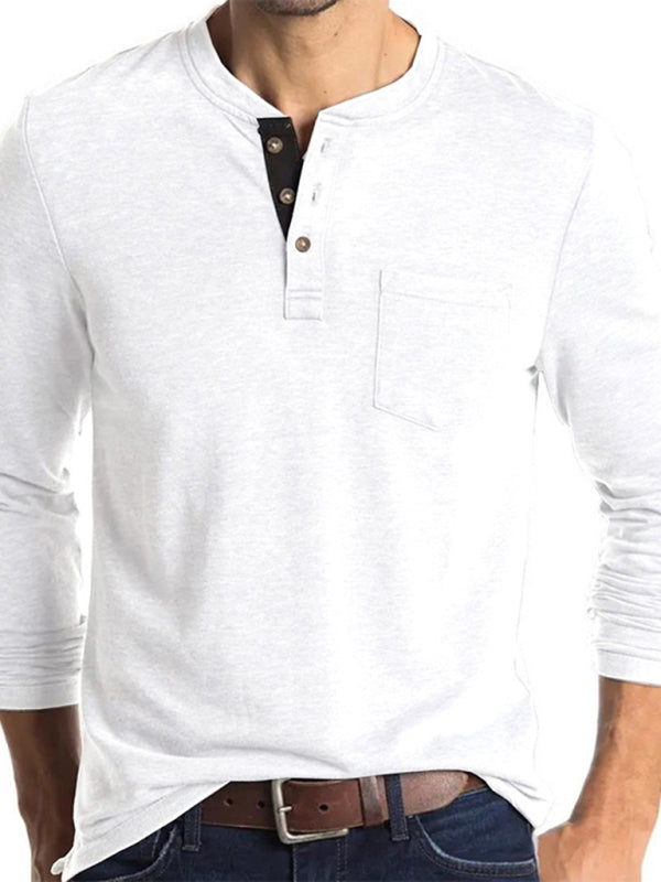 Men’s long-sleeved t-shirt foreign trade t-shirt solid color bottoming shirt - White / S