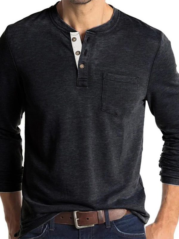 Men’s long-sleeved t-shirt foreign trade t-shirt solid color bottoming shirt - Black / S