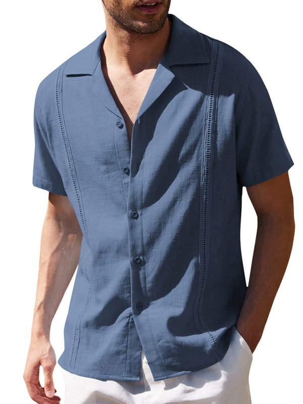 Men’s Loose Casual Linen Shirt Cuban Guayabera Short Sleeve Beach Shirt - Blue grey / S