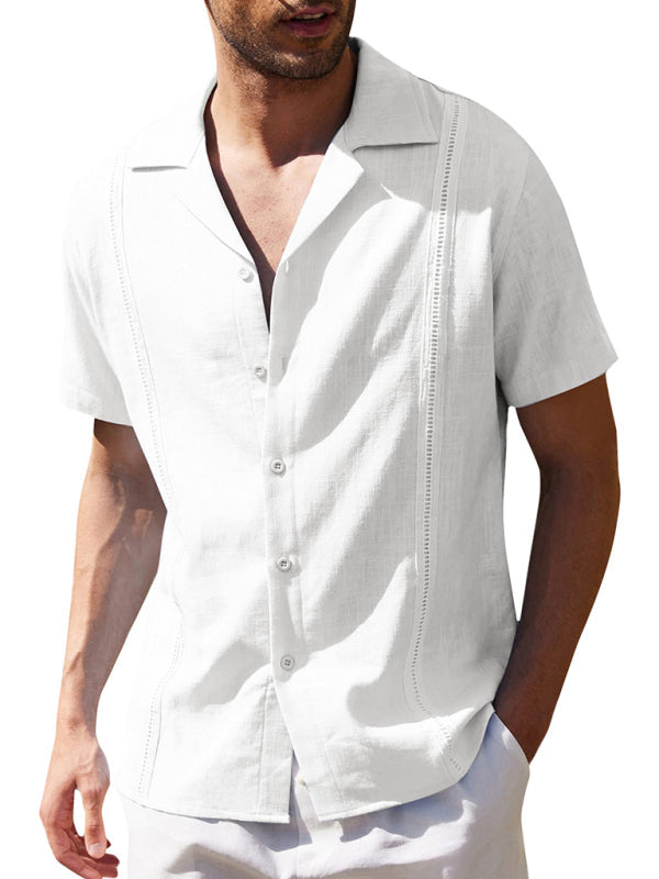 Men’s Loose Casual Linen Shirt Cuban Guayabera Short Sleeve Beach Shirt - White / S