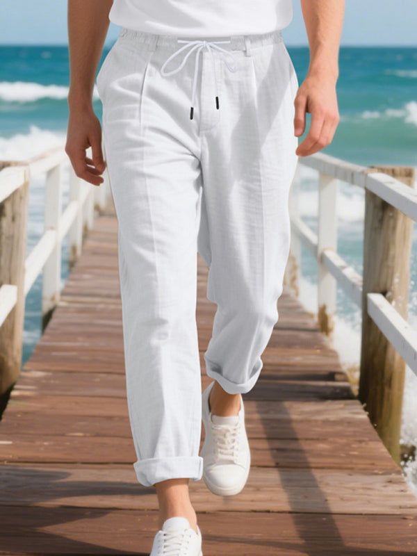 Men’s Loose Casual Relaxed Straight Linen Naples Gurga Breathable Trousers - White / S