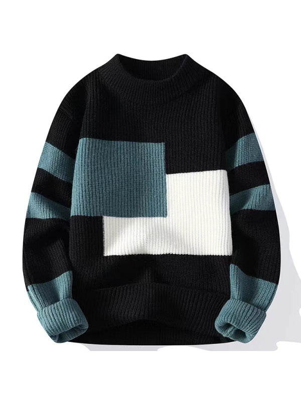 Men’s Loose Crew Neck Contrast Color Sweater - Black / M
