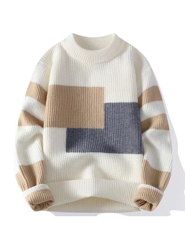Men’s Loose Crew Neck Contrast Color Sweater - White / M