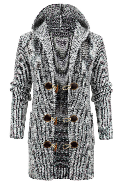 Men’s Mid Length Hooded Knit Cardigan Horn Buckle Hooded Long Sweater - Gray with buttons / M
