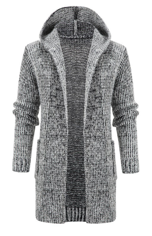 Men’s Mid Length Hooded Knit Cardigan Horn Buckle Hooded Long Sweater - Grey buttonless / M