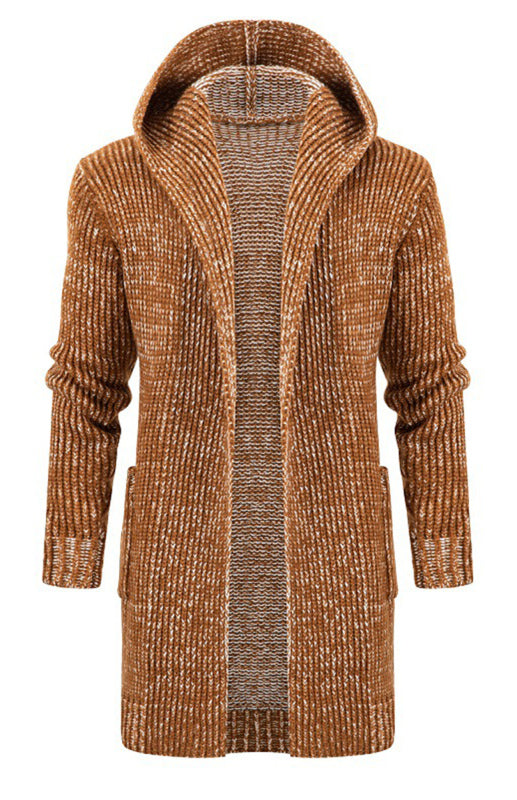 Men’s Mid Length Hooded Knit Cardigan Horn Buckle Hooded Long Sweater - Khaki without buttons / M