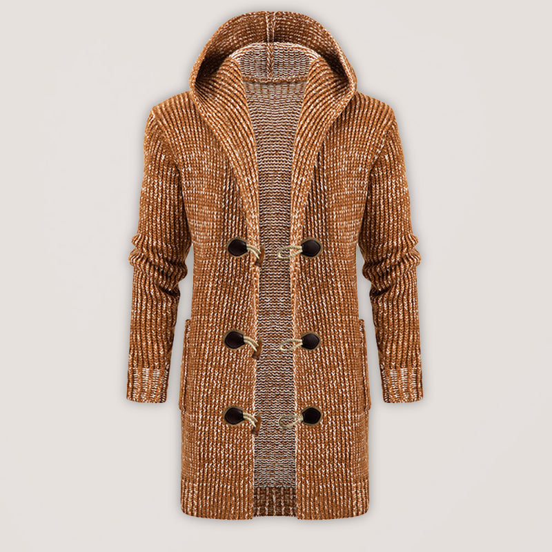 Men’s Mid Length Hooded Knit Cardigan Horn Buckle Hooded Long Sweater - Khaki with buttons / M
