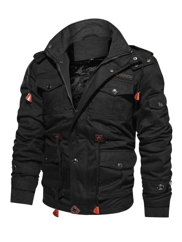 Men’s Mid-Length Loose Stand Collar Hooded Cotton Top Youth Men’s Jacket - Black / M