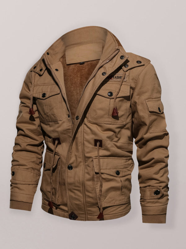 Men’s Mid-Length Loose Stand Collar Hooded Cotton Top Youth Men’s Jacket - Khaki / M