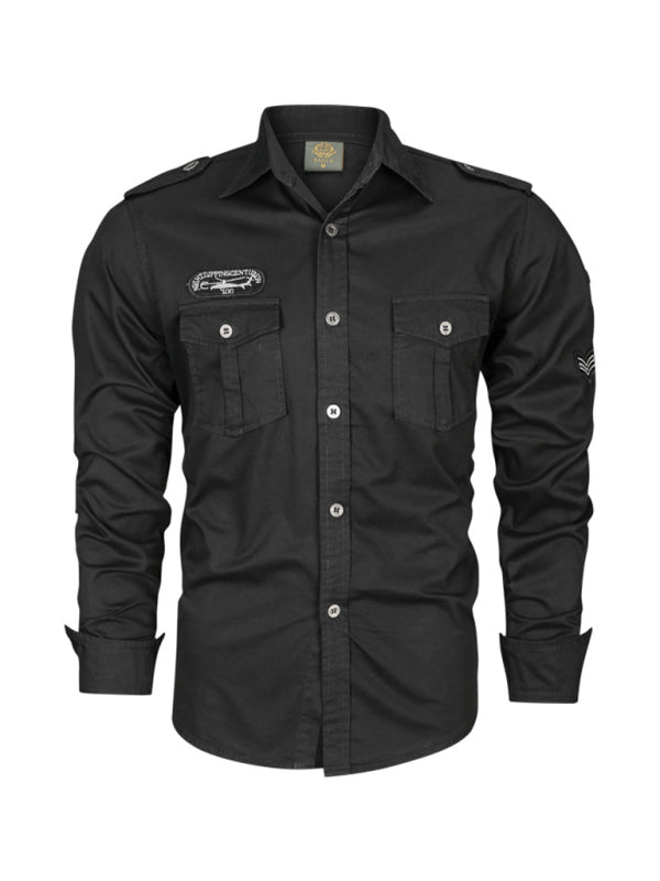 men’s military style cotton long sleeve shirt - Black / M