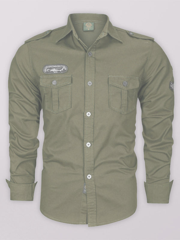 men’s military style cotton long sleeve shirt - Olive green / M