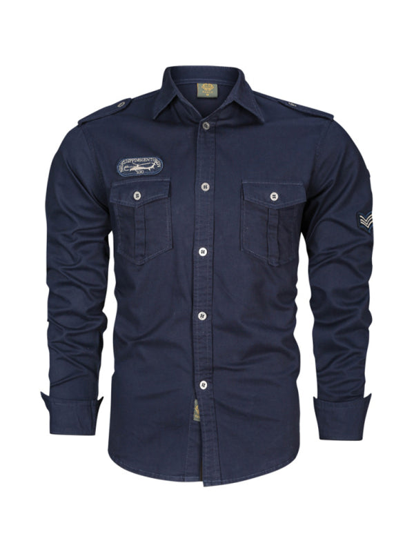 men’s military style cotton long sleeve shirt - Royal blue / M