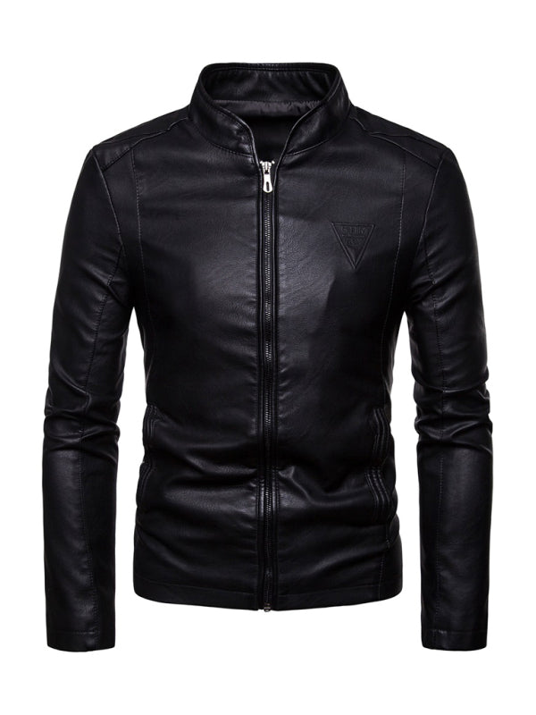 Men’s motorcycle zipper stand collar leather jacket - Black / M