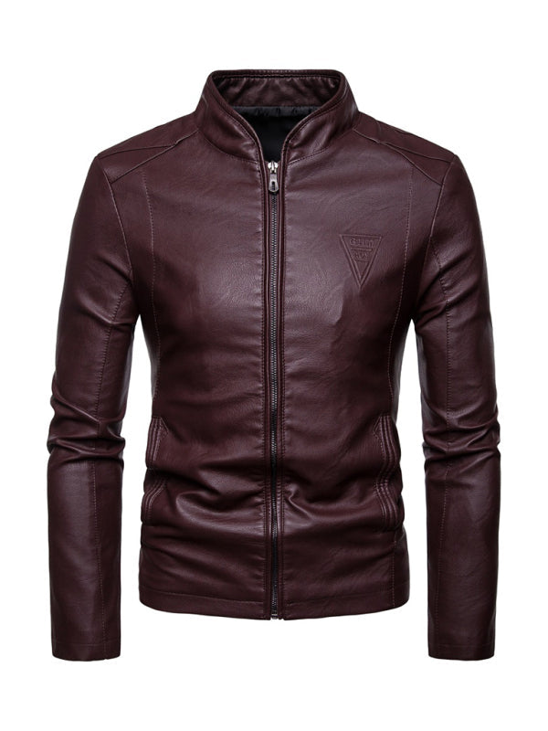 Men’s motorcycle zipper stand collar leather jacket - Wine Red / M
