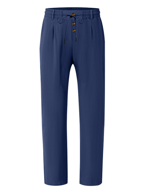 Men’s navy blue breathable linen loose casual trousers