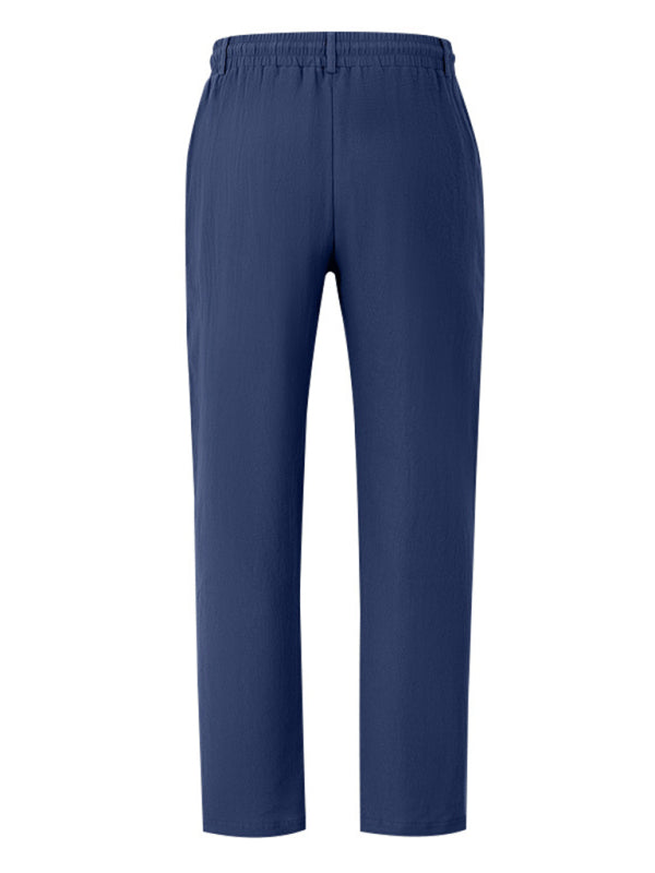 Men’s navy blue breathable linen loose casual trousers
