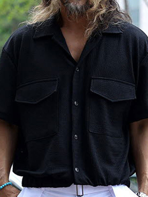 Men’s new cardigan front pocket casual short-sleeved shirt