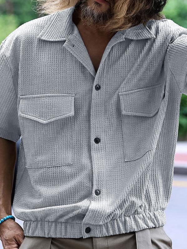 Men’s new cardigan front pocket casual short-sleeved shirt