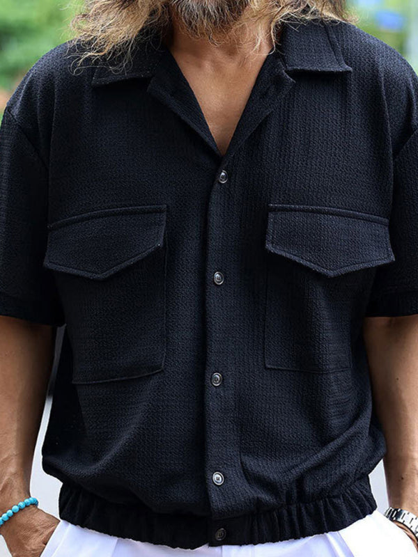 Men’s new cardigan front pocket casual short-sleeved shirt - Black / S