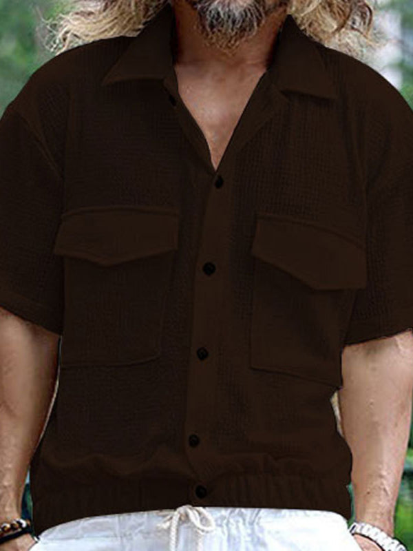 Men’s new cardigan front pocket casual short-sleeved shirt - Brown / S