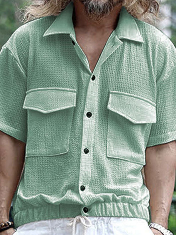 Men’s new cardigan front pocket casual short-sleeved shirt - Fruit green / S