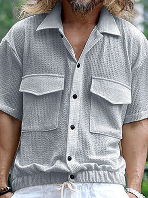 Men’s new cardigan front pocket casual short-sleeved shirt - Misty grey / S