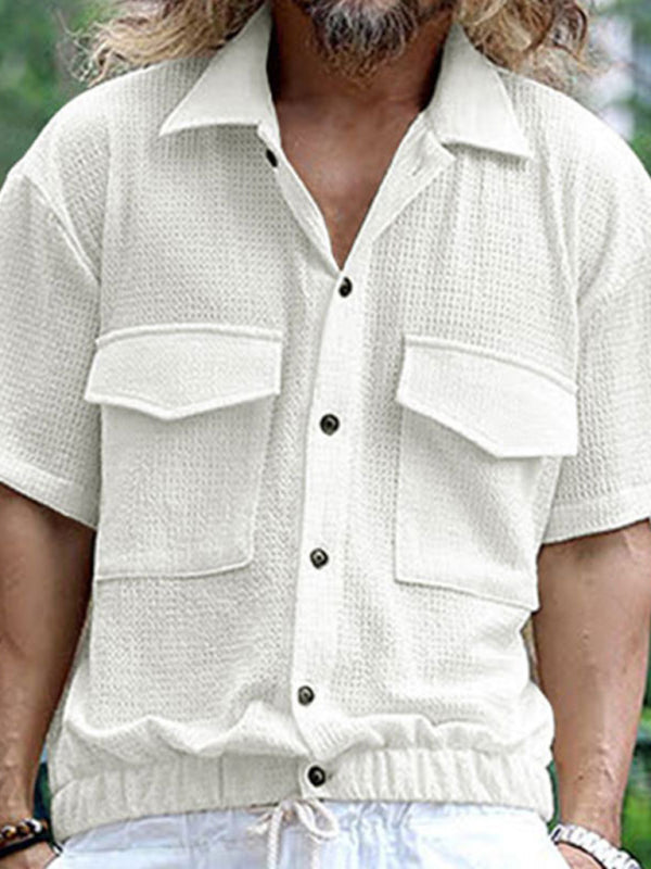Men’s new cardigan front pocket casual short-sleeved shirt - White / S