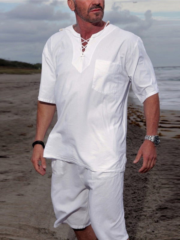 Men’s new casual beach short-sleeved/long-sleeved tops - Raw white off white / S
