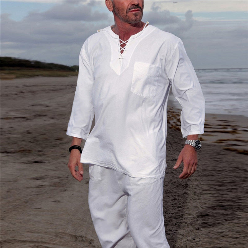 Men’s new casual beach short-sleeved/long-sleeved tops - White / S