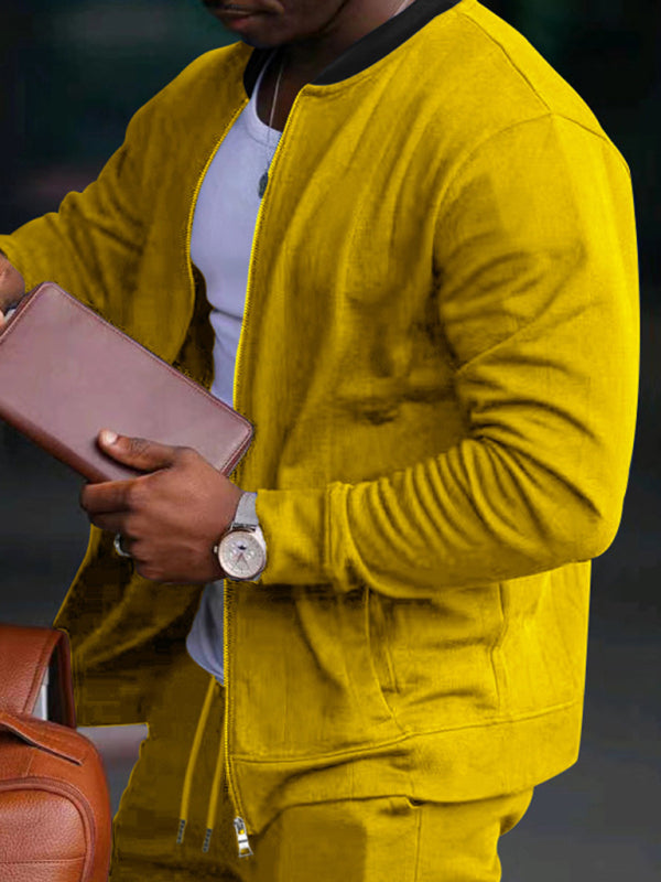 Men’s new casual solid color baseball collar jacket suit