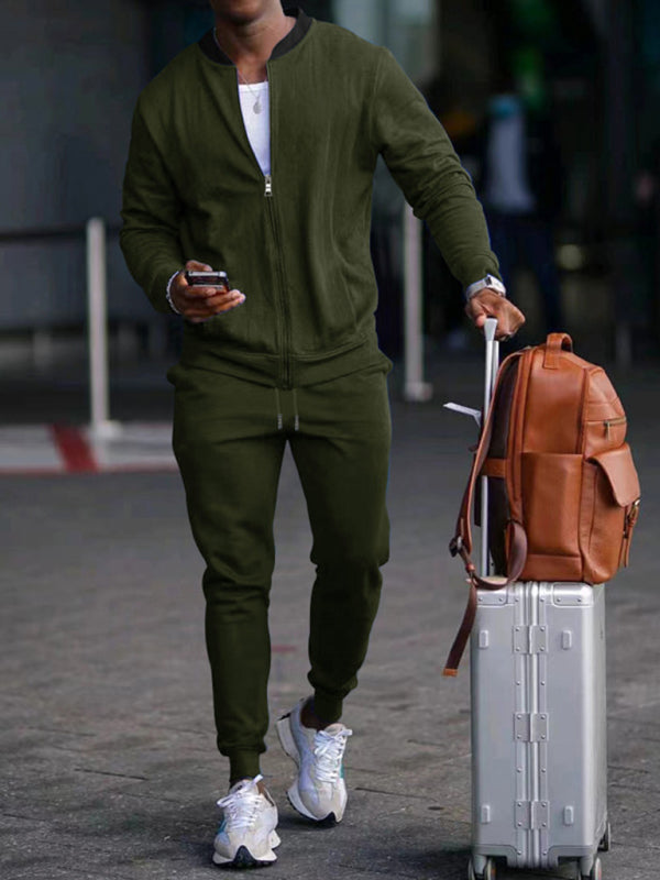 Men’s new casual solid color baseball collar jacket suit
