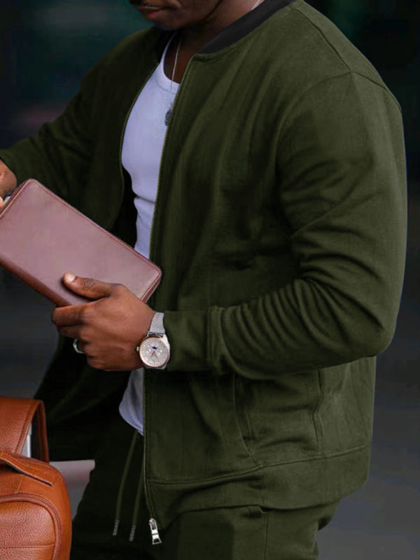 Men’s new casual solid color baseball collar jacket suit