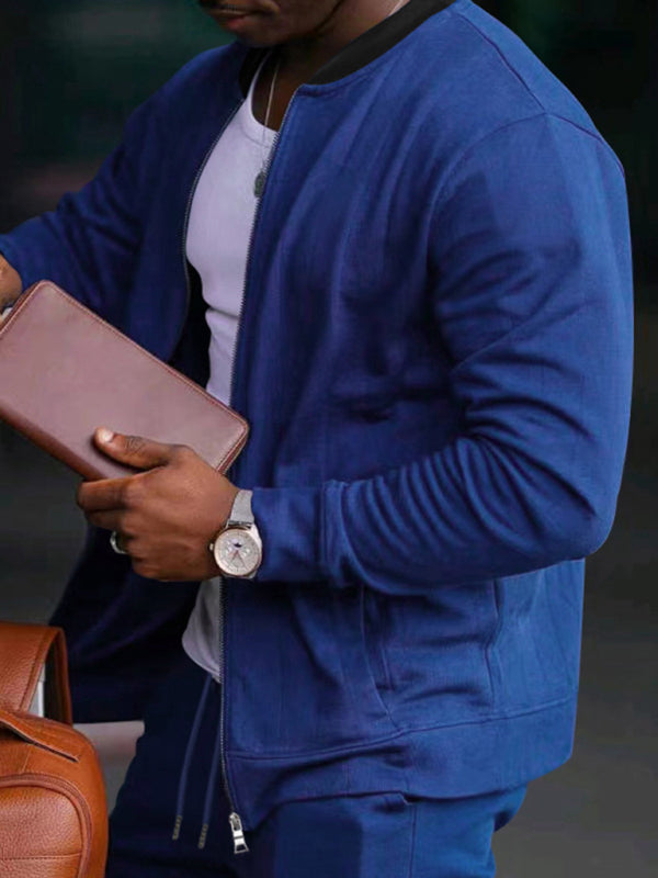 Men’s new casual solid color baseball collar jacket suit