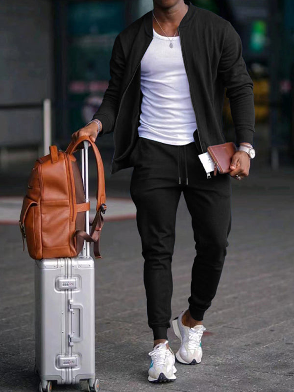 Men’s new casual solid color baseball collar jacket suit - Black / S