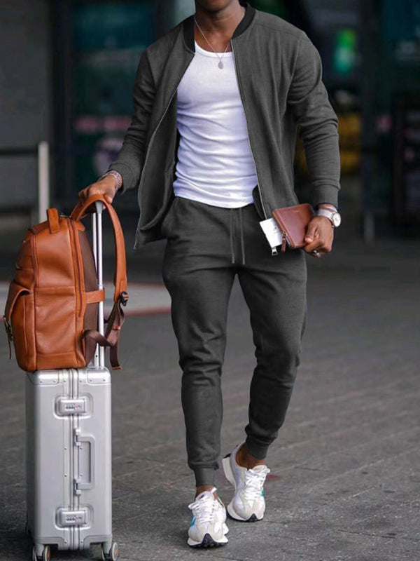 Men’s new casual solid color baseball collar jacket suit - Charcoal grey / S