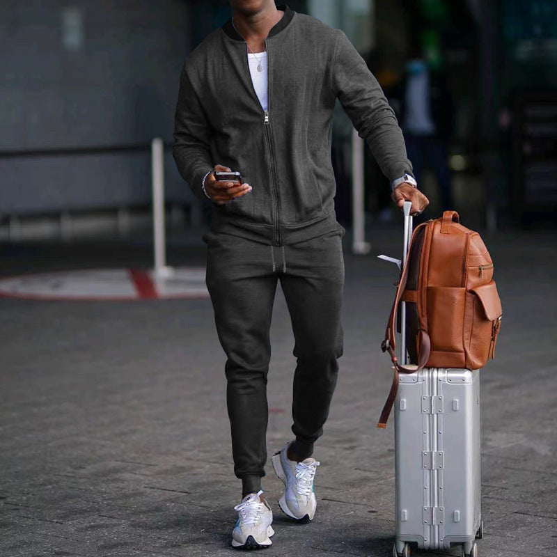 Men’s new casual solid color baseball collar jacket suit - Grey / S