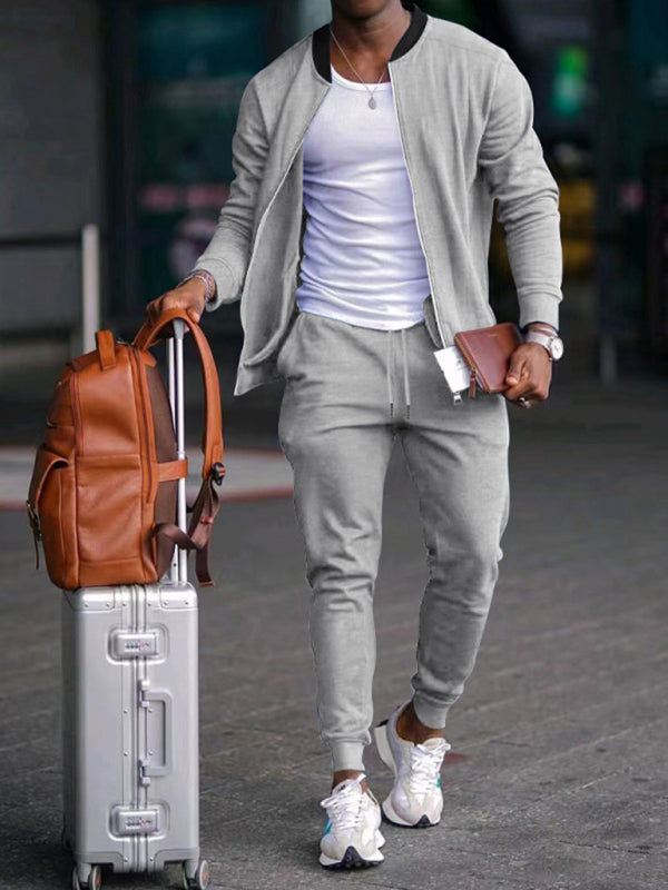 Men’s new casual solid color baseball collar jacket suit - Misty grey / S