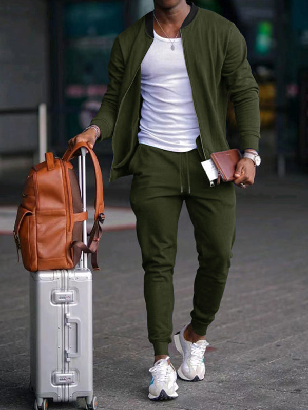 Men’s new casual solid color baseball collar jacket suit - Olive green / S