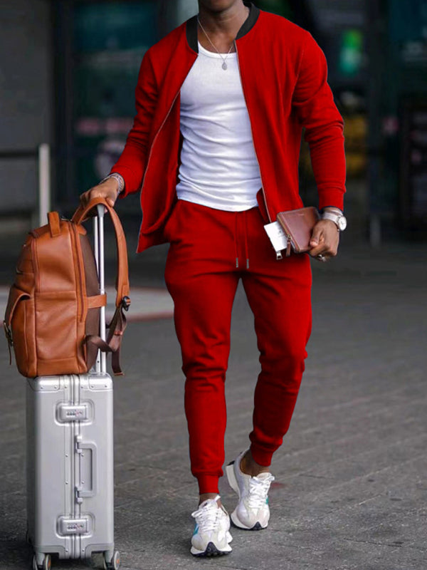 Men’s new casual solid color baseball collar jacket suit - Red / S