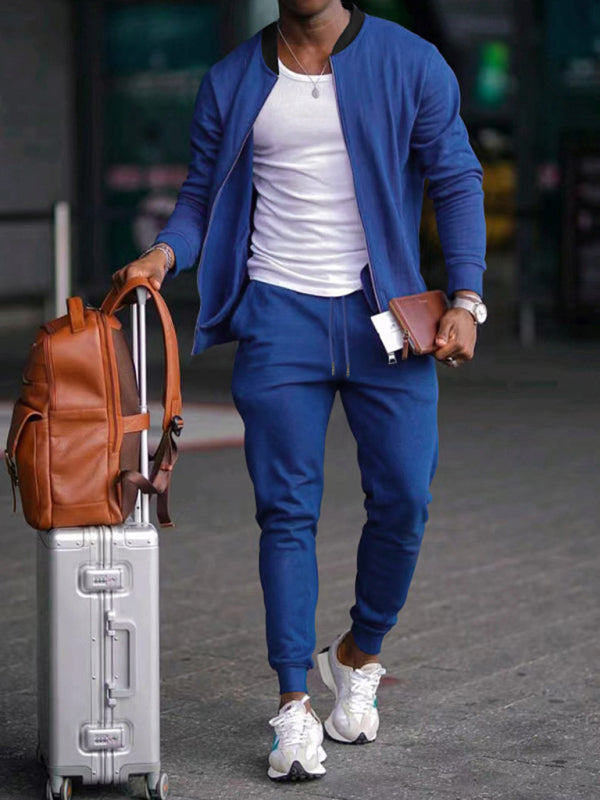 Men’s new casual solid color baseball collar jacket suit - Royal blue / S