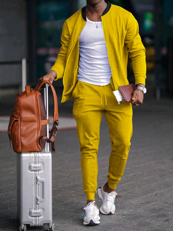 Men’s new casual solid color baseball collar jacket suit - Yellow / S