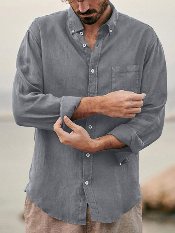 Men’s new European and American fashion solid color loose single-breasted long-sleeved lapel shirt - Grey / S
